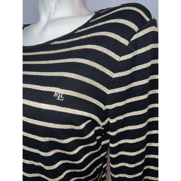 Lauren Ralph Lauren Top Womens Sz XL Black Gold Metallic Sparkle Stripe LS Shirt - Picture 4 of 9
